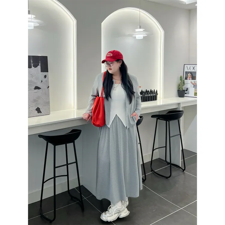 大码女装秋季百搭花契200斤胖mm时尚松弛感针织开衫半裙套装14018