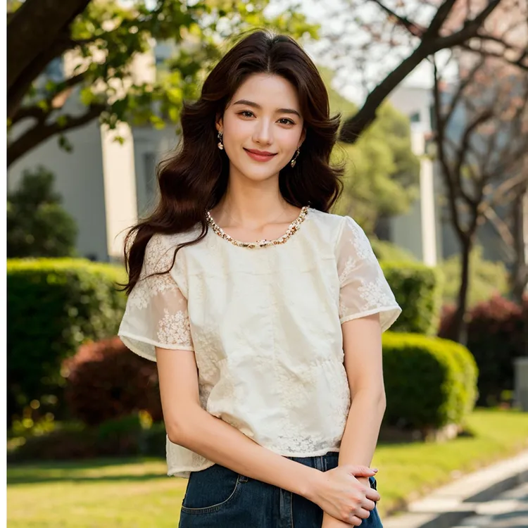 奢姿大码女装2025夏季新款时尚圆领钉珠刺绣显瘦宽松遮肉短袖上衣