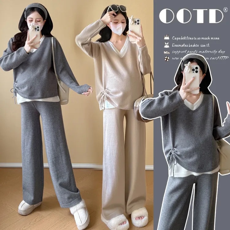孕妇套装2025秋冬新款孕妇时尚设计感抽绳气质减龄显瘦软糯毛衣