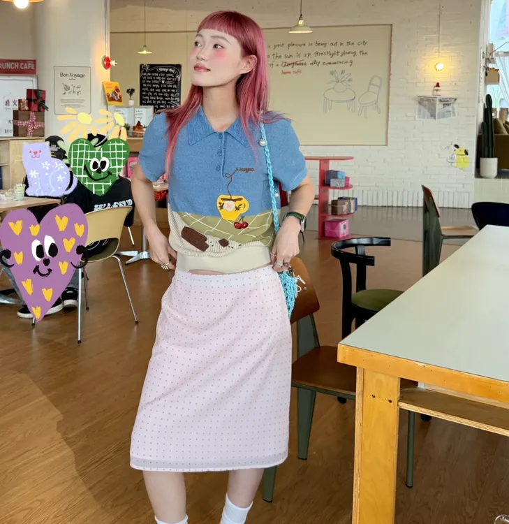 【 天使】25夏季新款爱与食物下午茶POLO领毛衫T恤时尚