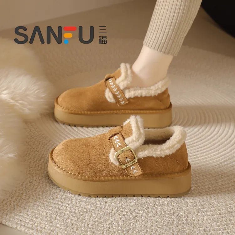 三福厚底加绒勃肯鞋女2025新款冬季加绒保暖全包博肯棉鞋雪地靴