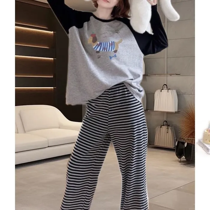 春秋可外穿睡衣女带胸垫卡通长袖长裤宽松家居服显瘦套装