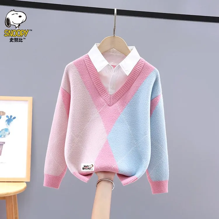 史努比女童毛衣假两件秋冬2025新款洋气中大童女孩休闲长袖打底衫