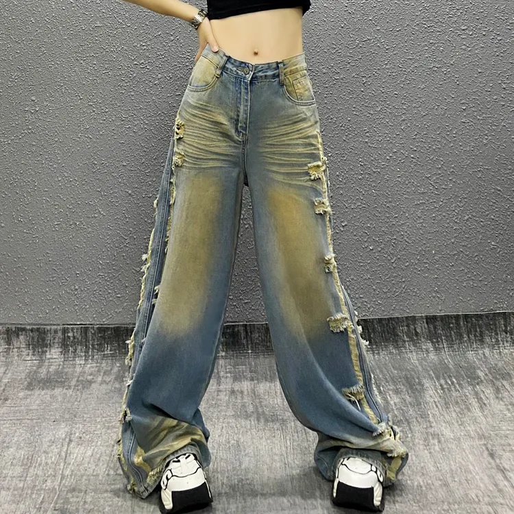 个性侧边破洞做旧牛仔裤女秋新款高腰宽松显瘦百搭直筒阔腿拖地裤