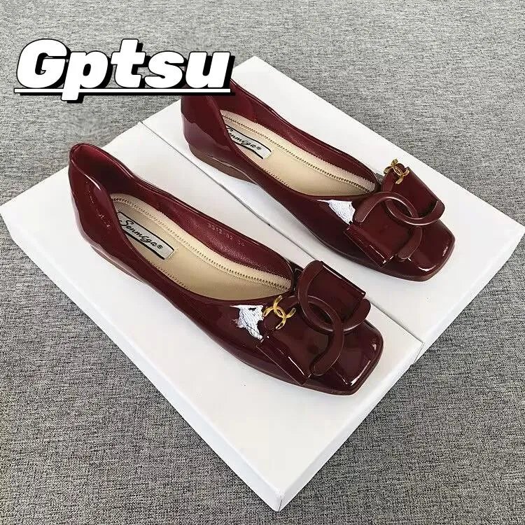 GPTSu酒红色法式平底单鞋女夏季新款方头浅口瓢鞋气质漆皮大码鞋