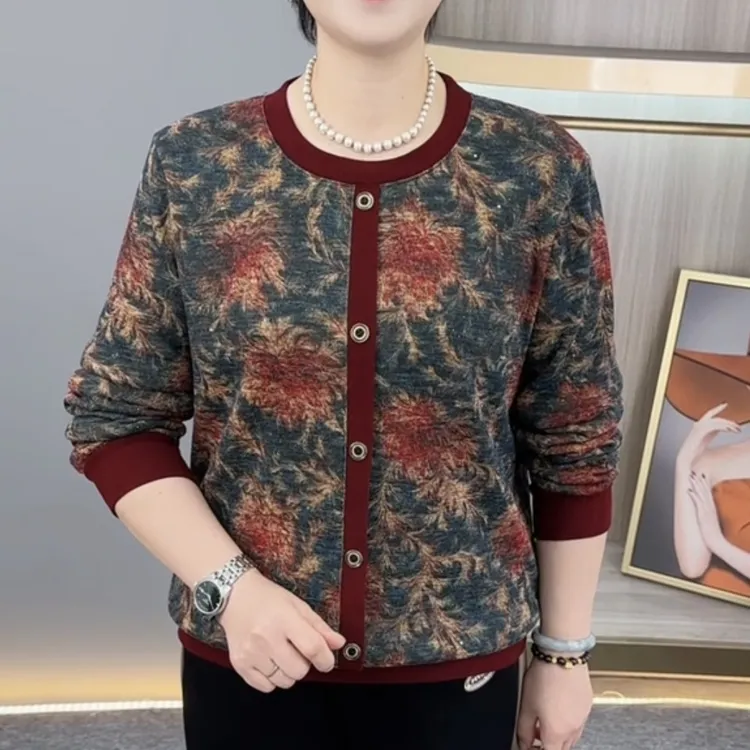 秋冬新款时尚圆领加绒加厚气质妈妈装减龄百搭休闲打底衫H9867