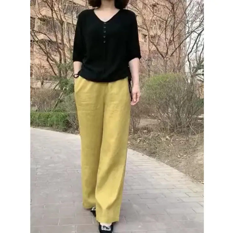 中年女装2025春夏新款黑色打底衫黄色阔腿裤时尚显瘦女潮两件套装