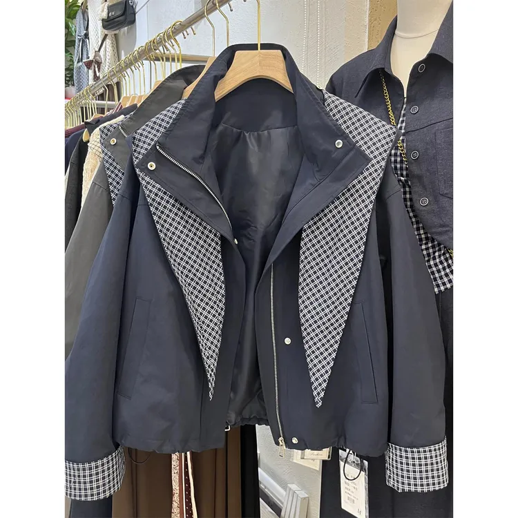 [可拆卸帽】2025秋季新款百搭宽松显瘦格子拼接连帽风衣短外套女