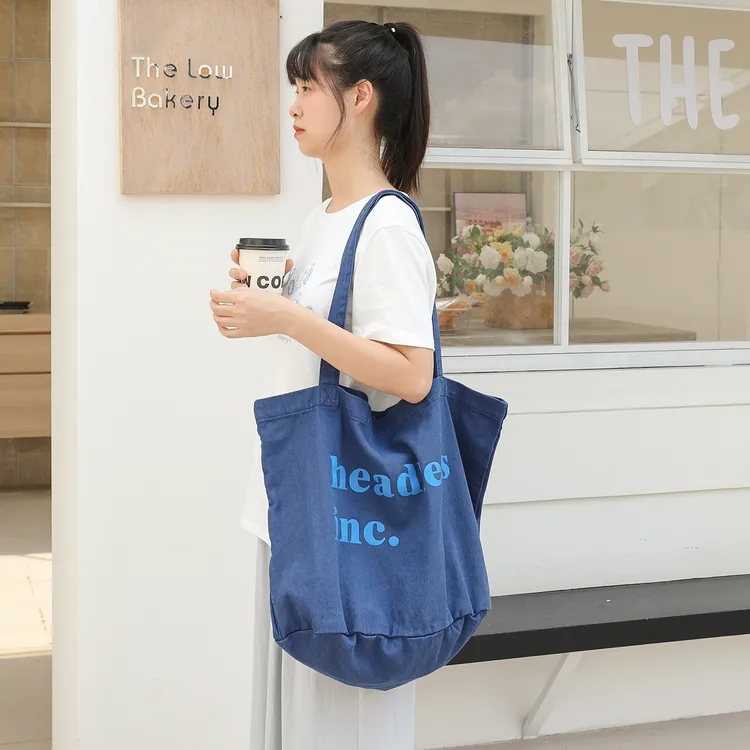 韩版水洗做旧帆布托特包女休闲字母印花单肩布袋学生上课轻便手提