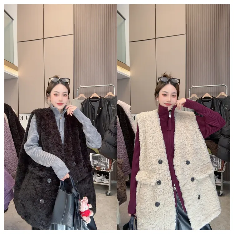 【伦敦冬日】设计款~羊糕毛中长款双口袋宽松时尚外穿马甲