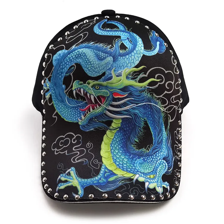 帽子男女国潮风龙印花棒球帽国潮原创小众个性铆钉硬顶鸭舌帽遮阳