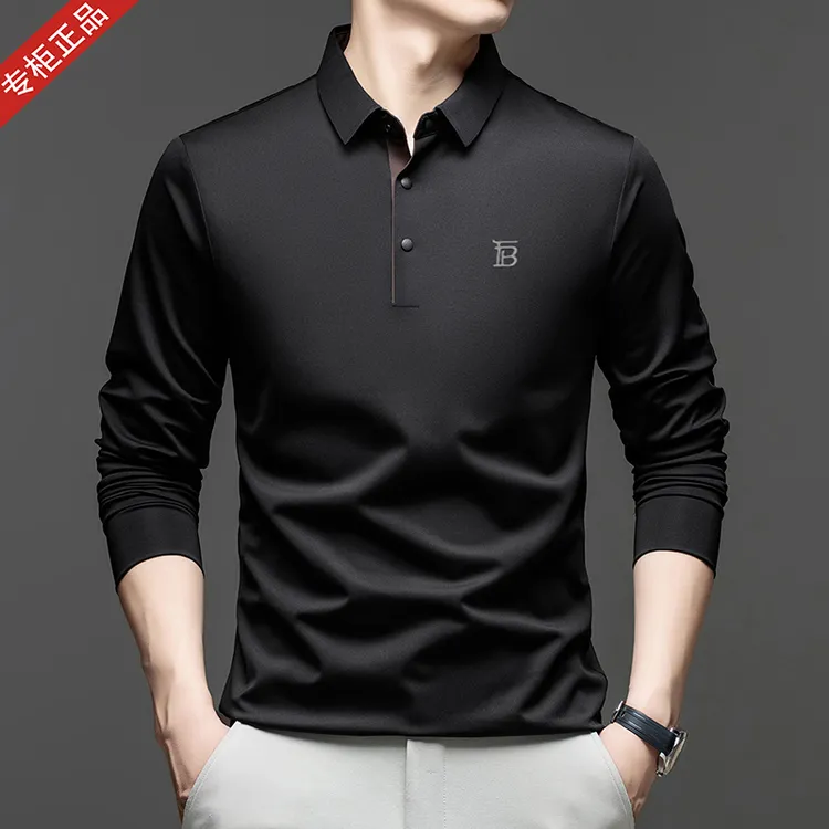 专柜正品英伦男士长袖POLO衫商务休闲无痕翻领纯色刺绣桑蚕丝T恤