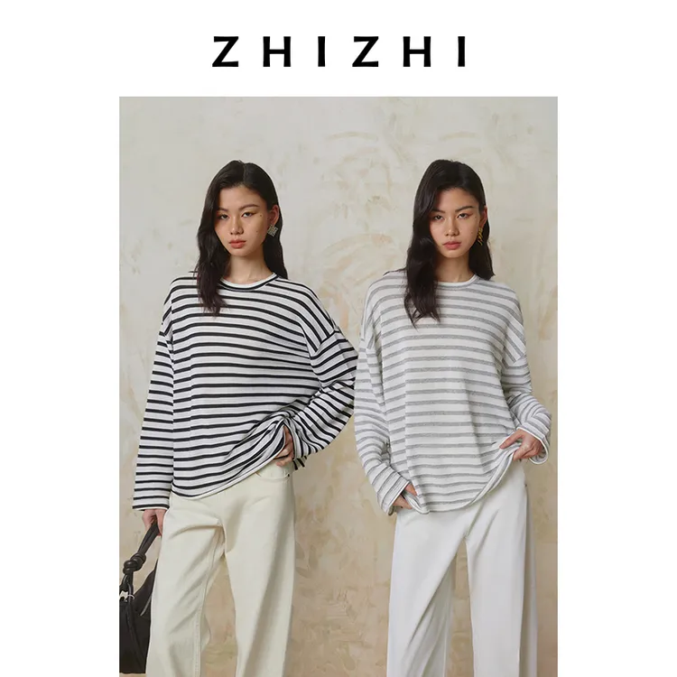 致知 曲入门 针织长袖女2025春季新款百搭圆领条纹T恤ZZ2ESKZ0060