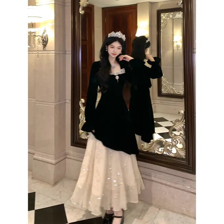 香奢茶花 赫本风网纱亮片气质蕾丝黑丝绒连衣裙生日礼服