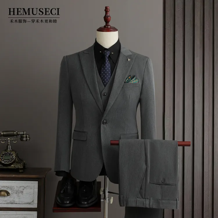 高档灰色新郎大码商务休闲外套西装套装雅痞修身韩版婚礼结婚礼服