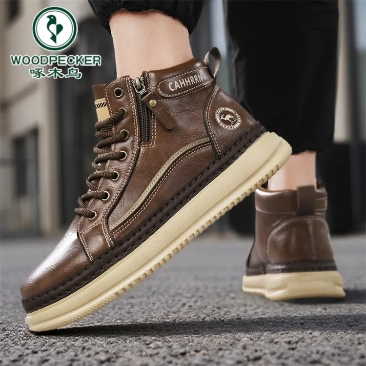 啄木鸟官方正品高帮男鞋冬季皮面防水马丁靴男士复古侧拉链工装靴