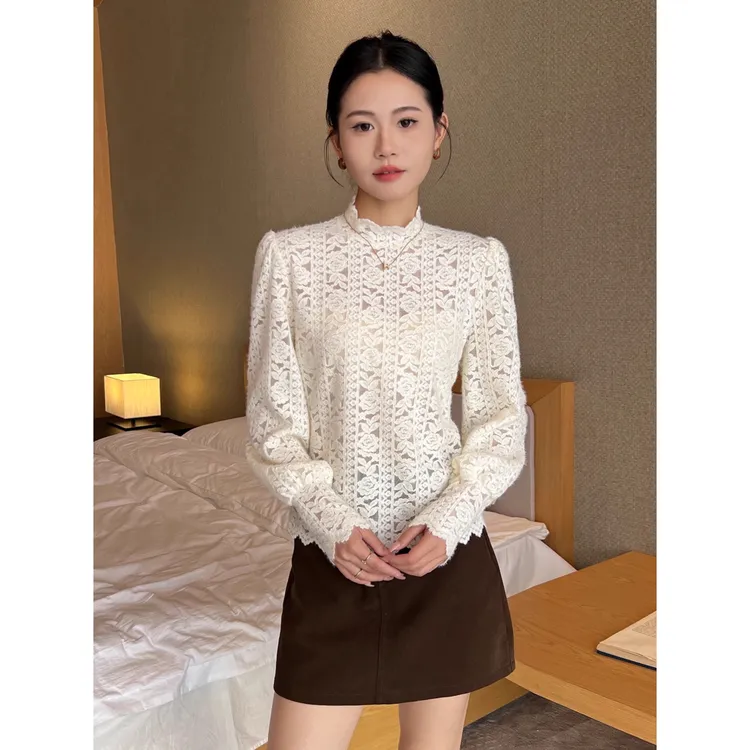 半高领蕾丝白色打底衫女内搭秋装长袖t恤钩花小众外穿上衣温柔风