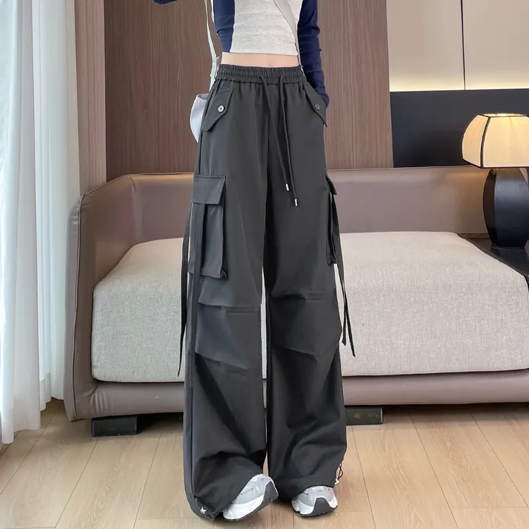 灰色美式工装裤女秋冬加绒休闲阔腿裤高腰宽松显瘦束脚登山运动裤