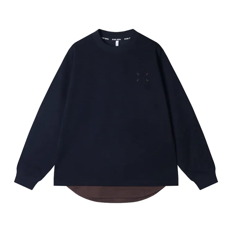 早春新款时尚个韩版撞色拼接圆领假两件长袖T恤百搭简约套头上衣