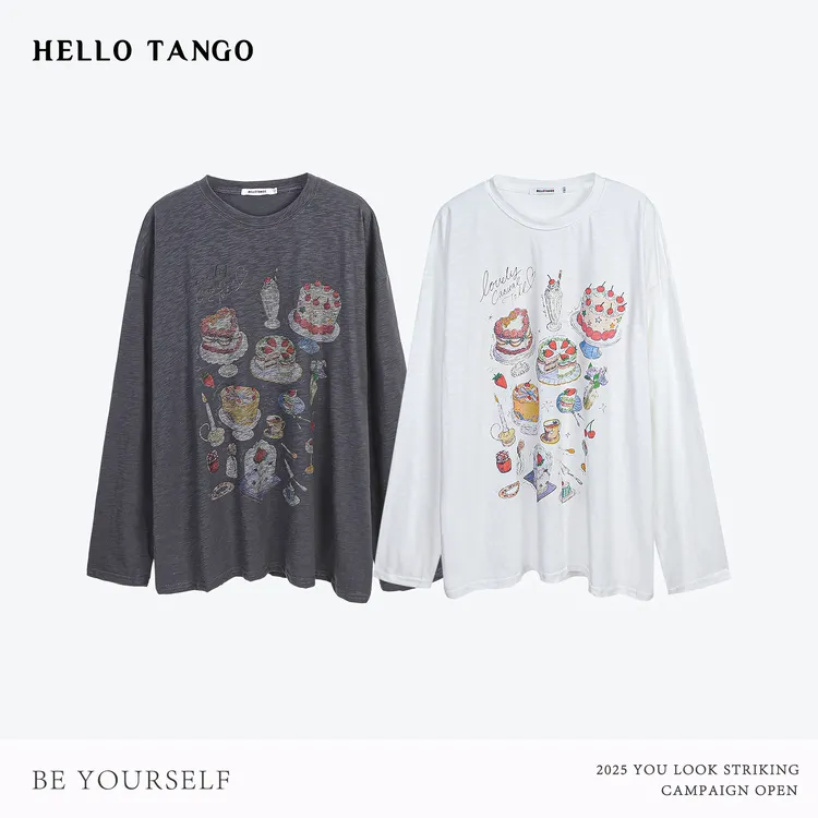 HELLOTANGO《甜蜜烘焙屋》秋冬韩系少女风减龄印花长袖T恤55921#