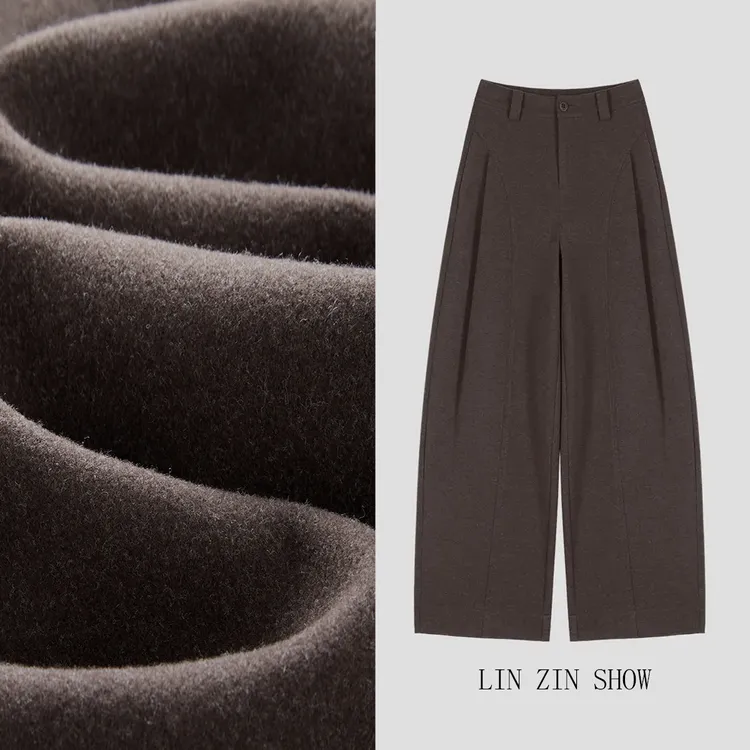 加绒毛呢贝斯裤冬季厚款~糯感休闲裤垂感宽松直筒裤显瘦阔腿裤女