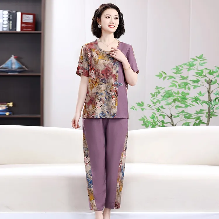 妈妈装夏季套装洋气时尚两件套休闲舒适拼接印花女装短袖+九分裤