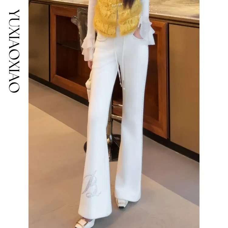 余潇潇【高奢腿精】螺纹弹力腰头超厚加绒保暖锁温烫钻微喇裤