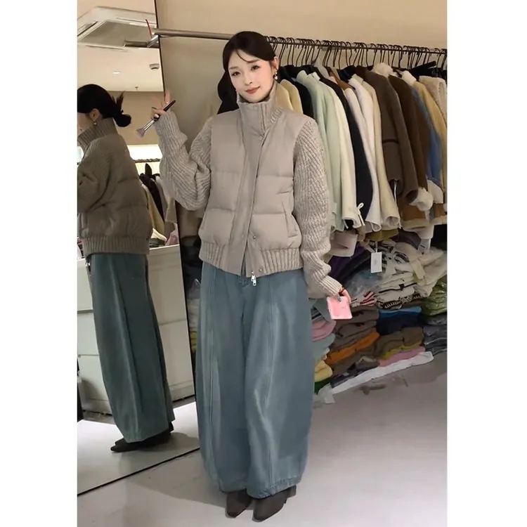 韩系针织毛衣拼接立领棉服外套女冬轻薄小个子宽松百搭保暖面包服