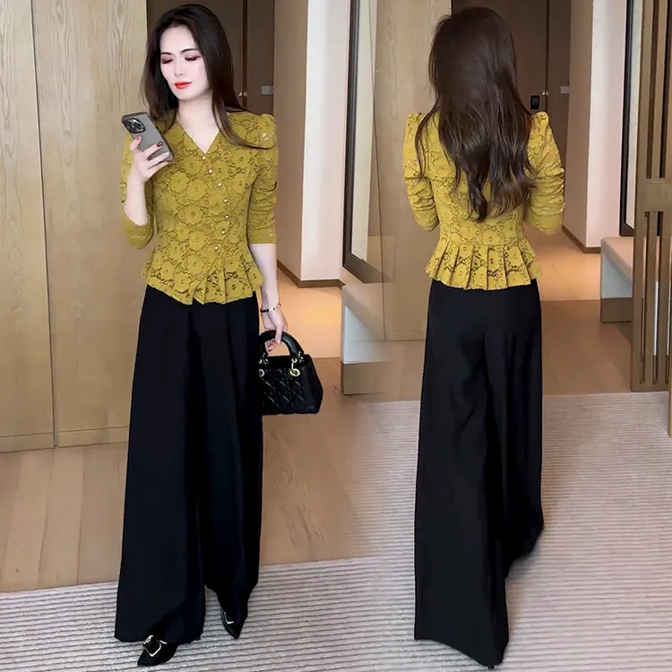 2025春秋季新款设计感V领休闲显瘦气质减龄洋气时尚高腰蕾丝衫