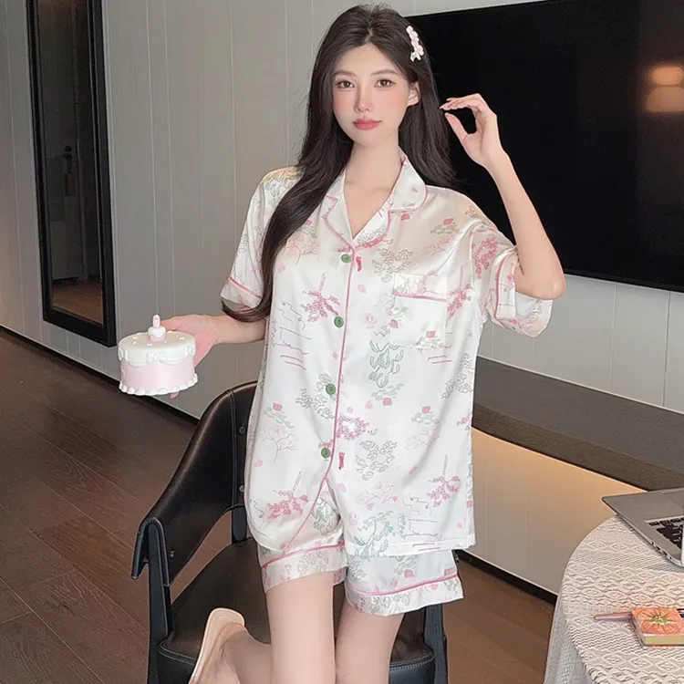 【景色清雅】复古国风山水画冰丝睡衣女夏季新款短袖开衫薄款两件套