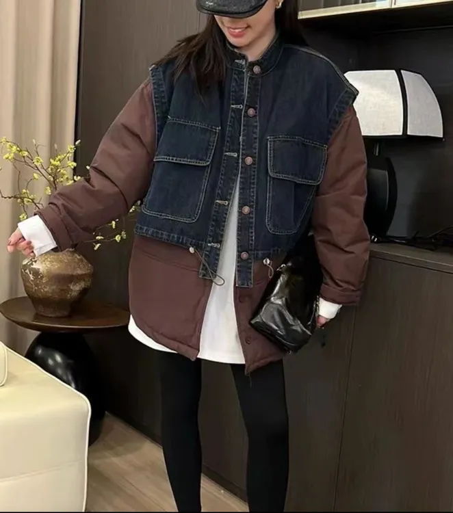 奇奇家时尚韩版大码女装2025新款薄棉牛仔拼接假两件保暖休闲外套