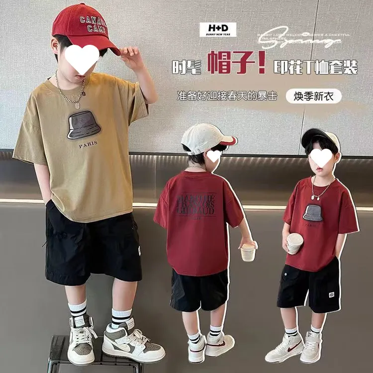 男童夏装短袖T恤五分裤两件套2025新款大童痞帅男孩宽松运动套装
