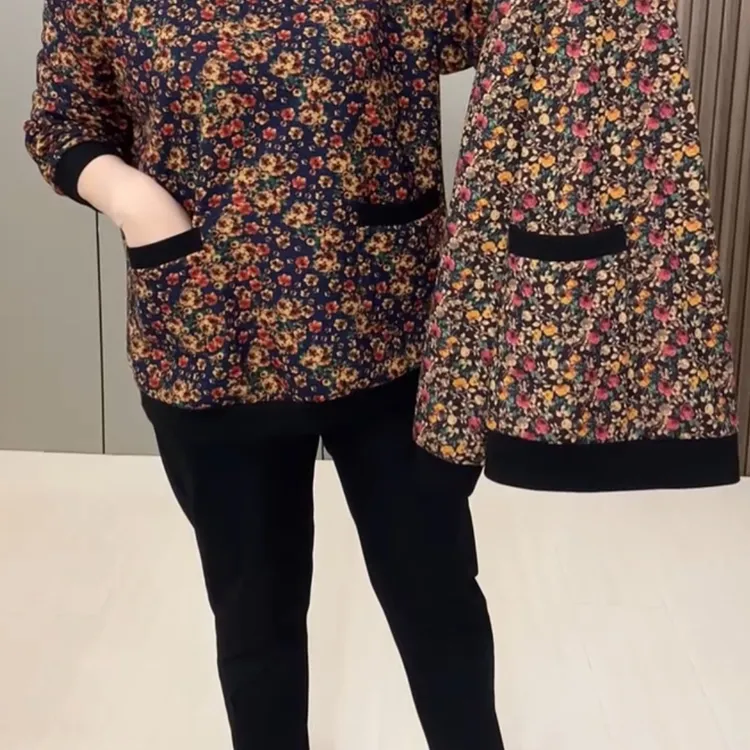 长袖常规款女民族风中长款打底衫碎花网红妈妈装洋气