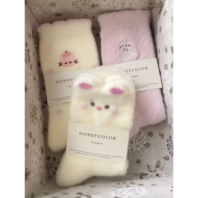 【五双】粉紫色猫咪袜子女秋冬加厚可爱提花中筒袜保暖睡眠袜月子yj