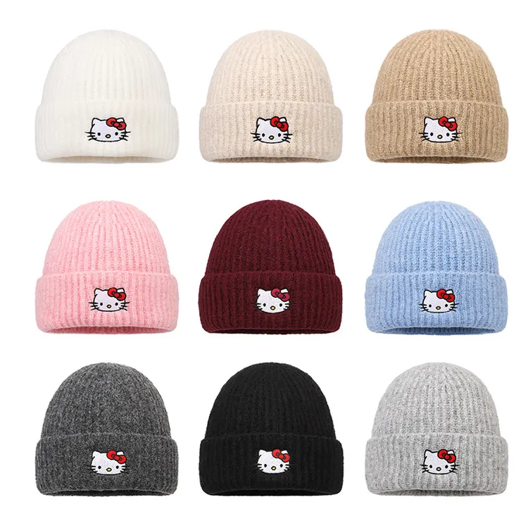 韩系可爱kitty猫毛线帽女秋冬保暖防寒针织帽子大头围登山护耳帽