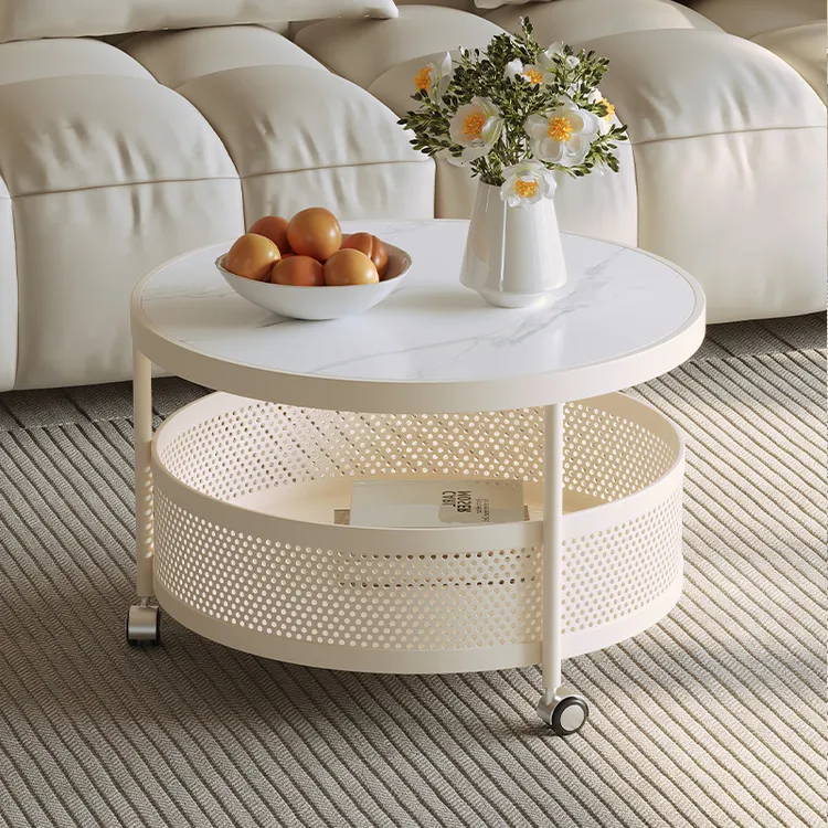 轻奢圆形岩板茶几客厅家用小户型现代简约带轮可移动网红小茶桌