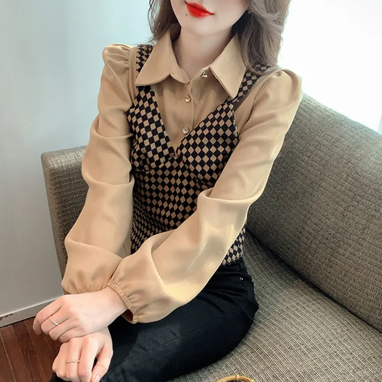 假两件长袖短款衬衫女设计感2025春秋季法式复古别致上衣新款
