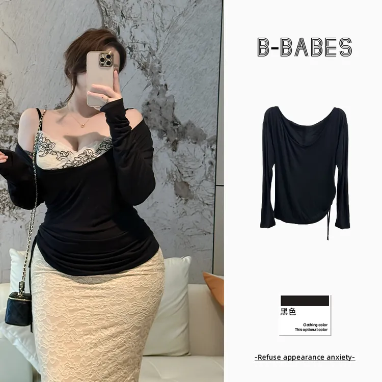 B-babes【纯欲罩衫】多穿长袖修身可调节抽褶T恤绝美外搭上衣