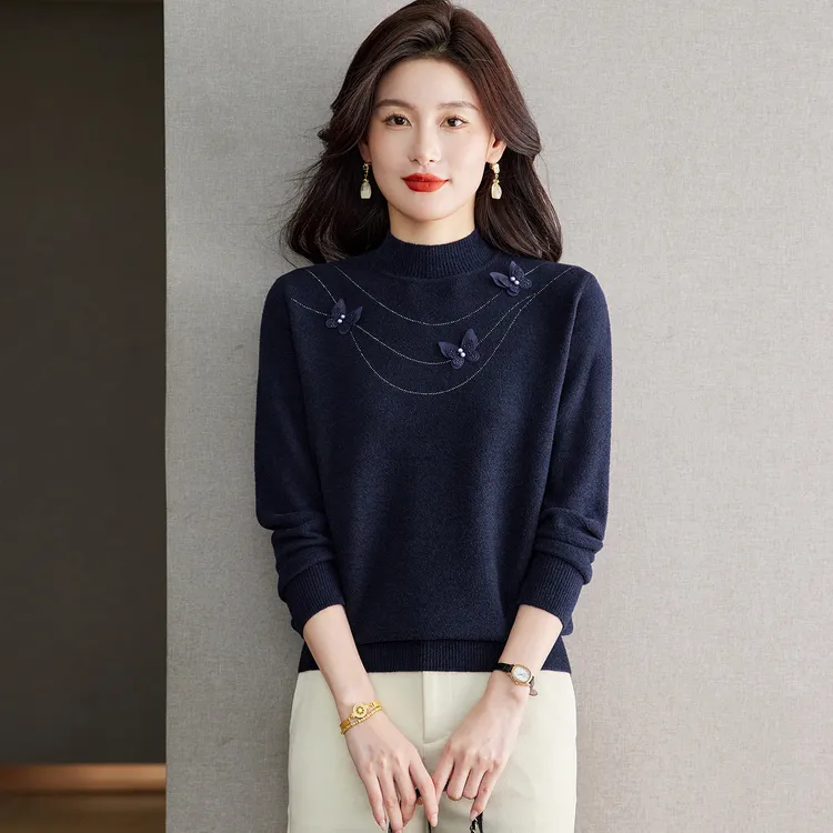 女士针织打底衫秋冬季2025新款中年妈妈显瘦宽松蝴蝶毛衣内搭上衣