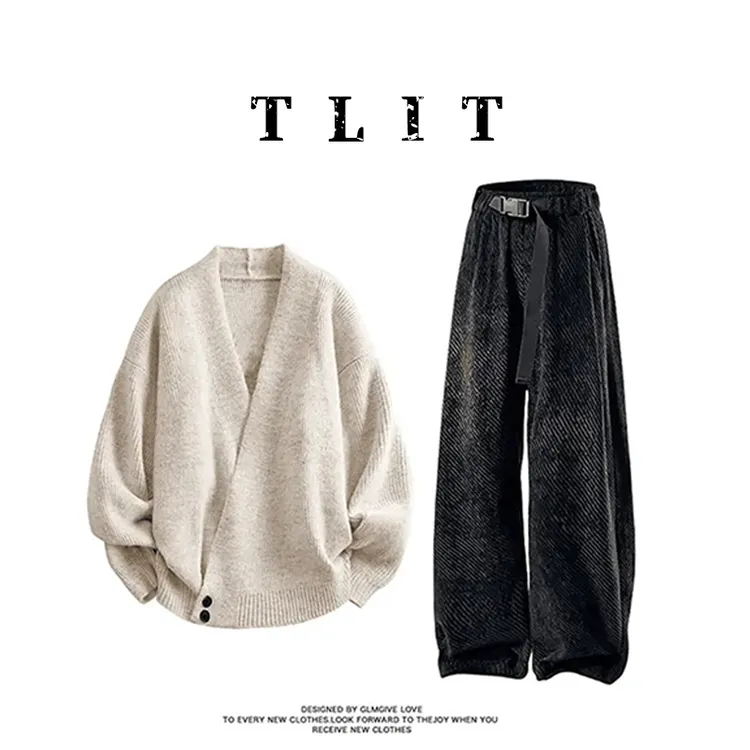 【品牌正品现货】TLIT老钱斜扣V领毛衣冬季新款针织衫套装外套开衫