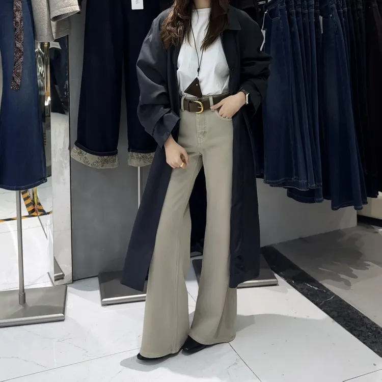 SMX复合绒牛仔裤女冬季奶茶色高腰阔腿筒喇裤厚绒喇叭拖地裤99087