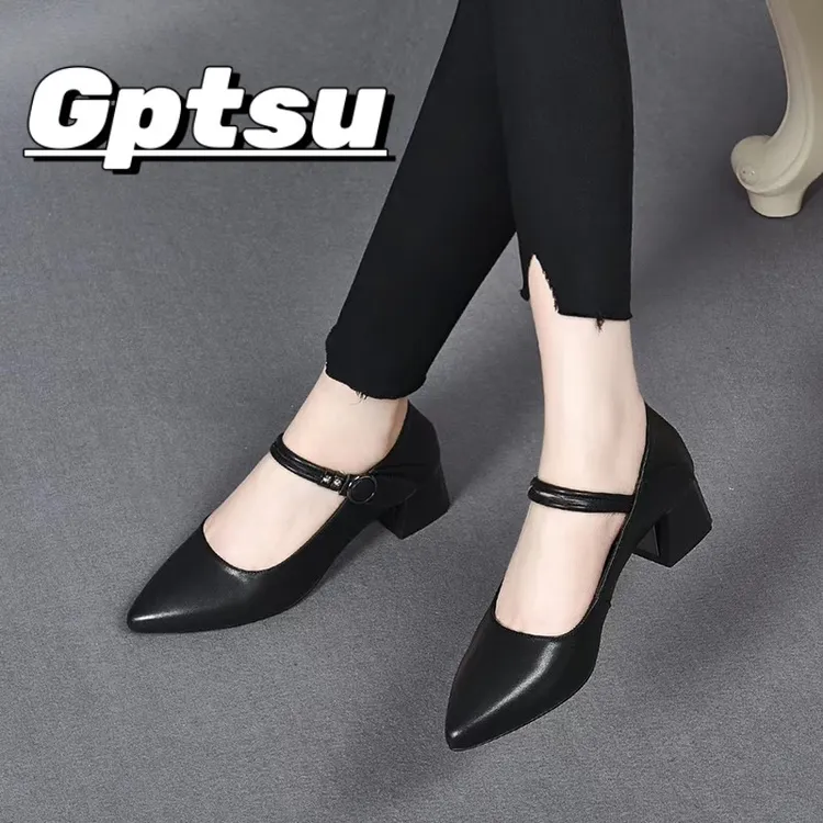 GPTSu真皮浅口中跟包鞋女春秋季新款魔术贴尖头百搭粗跟软底皮鞋