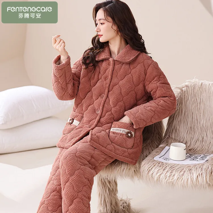 芬腾可安冬款睡衣女款爆款2025冬天三层夹棉加厚保暖可外穿家居服