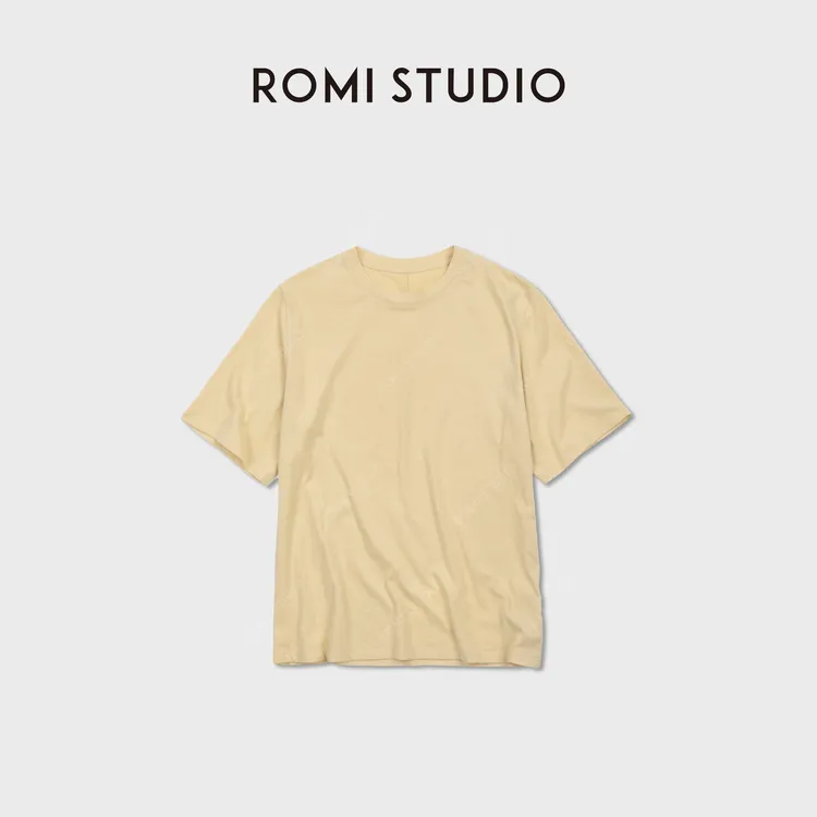ROMI STUDIO“天然全棉”百搭亲肤浅奶黄落肩五分短袖T恤RWDSS61950
