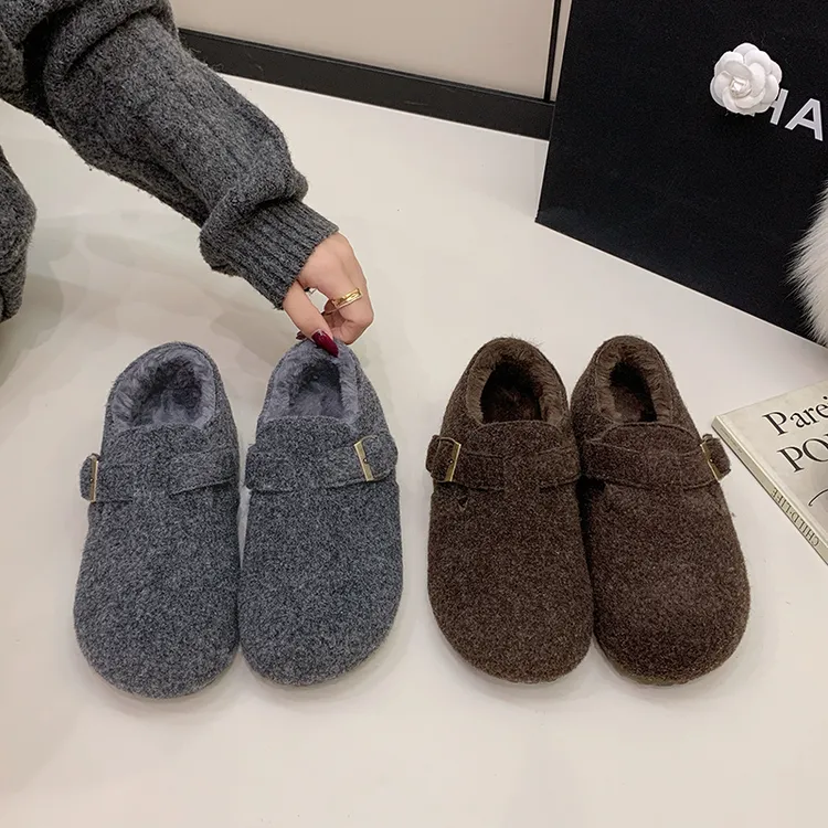 厚底增高毛毡加绒勃肯鞋女冬季一脚蹬保暖包头半拖鞋毛呢软底棉鞋