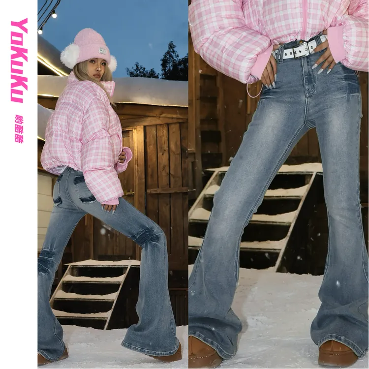 哟酷酷（漫画腿精）美式复古新工艺洗水闪电纹中低腰紧身牛仔喇叭裤