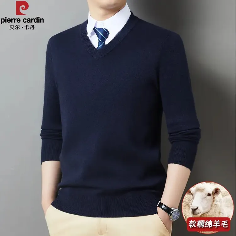 皮尔卡丹高档纯羊毛衫男V领冬加厚商务休闲鸡心领毛衣羊绒打底衫