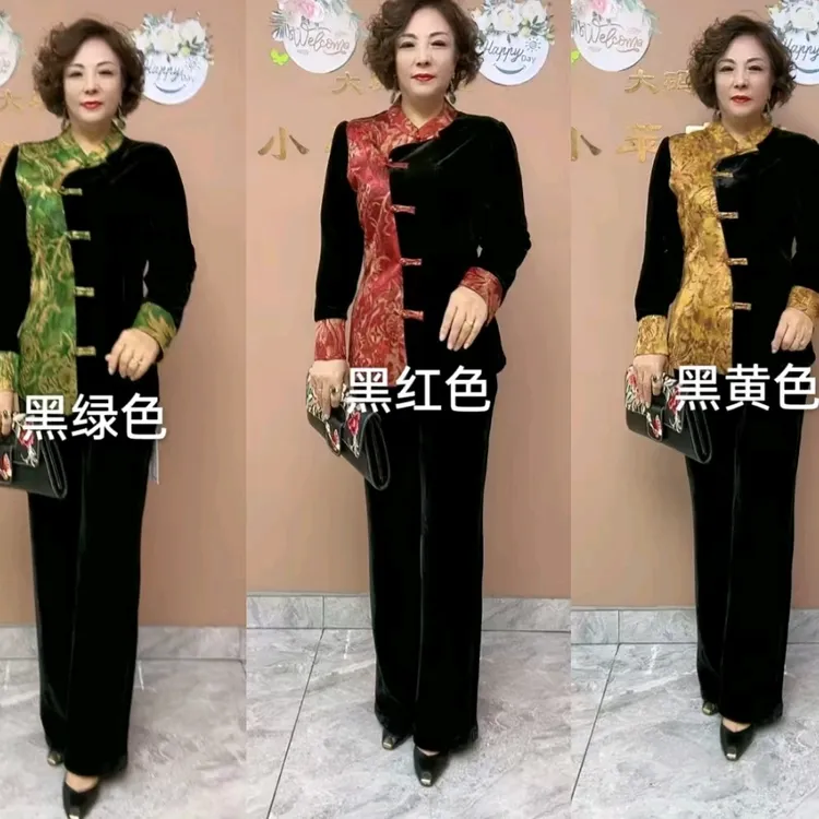 中老年秋冬洋气新中式丝绒拼色侧襟开衫上衣