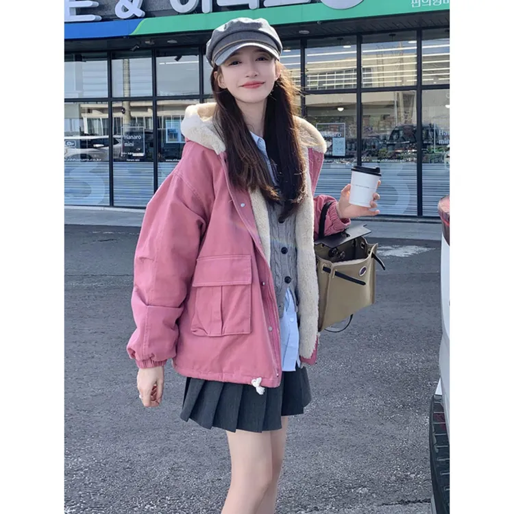 韩版加厚保暖工装派克棉服女2025年冬季新款显瘦连帽粉色加绒棉衣