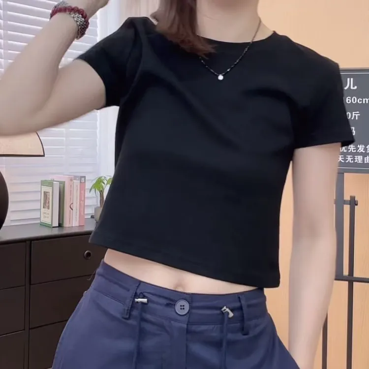 设计感百搭正肩短袖T恤女2025夏季新款时尚百搭上衣休闲圆领简约